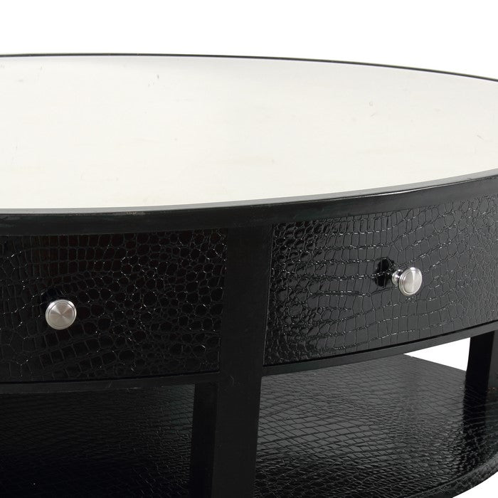 Wood and Glass Coffee Table with 2 Drawers and Mirror Inset, Black