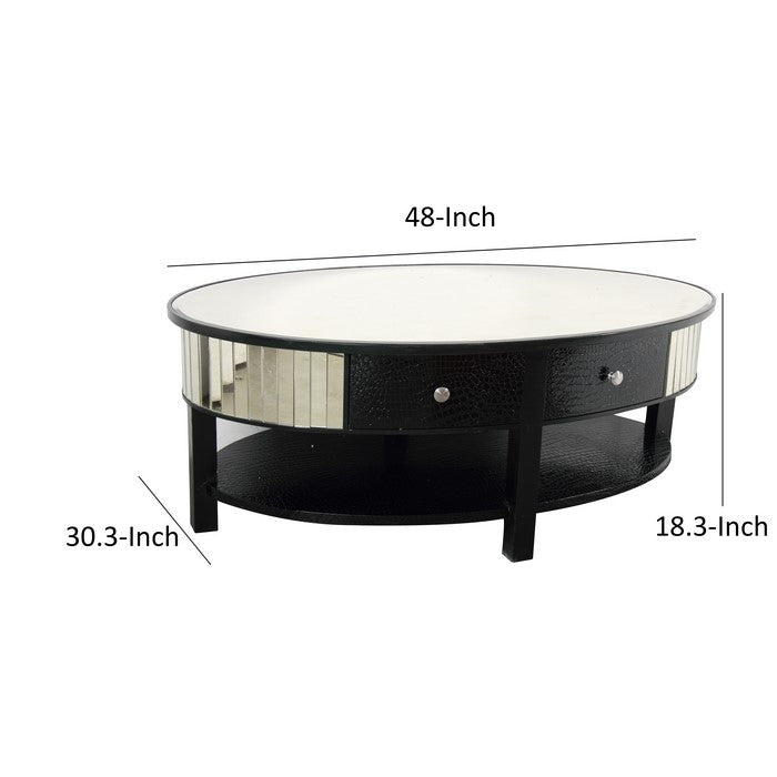 Wood and Glass Coffee Table with 2 Drawers and Mirror Inset, Black