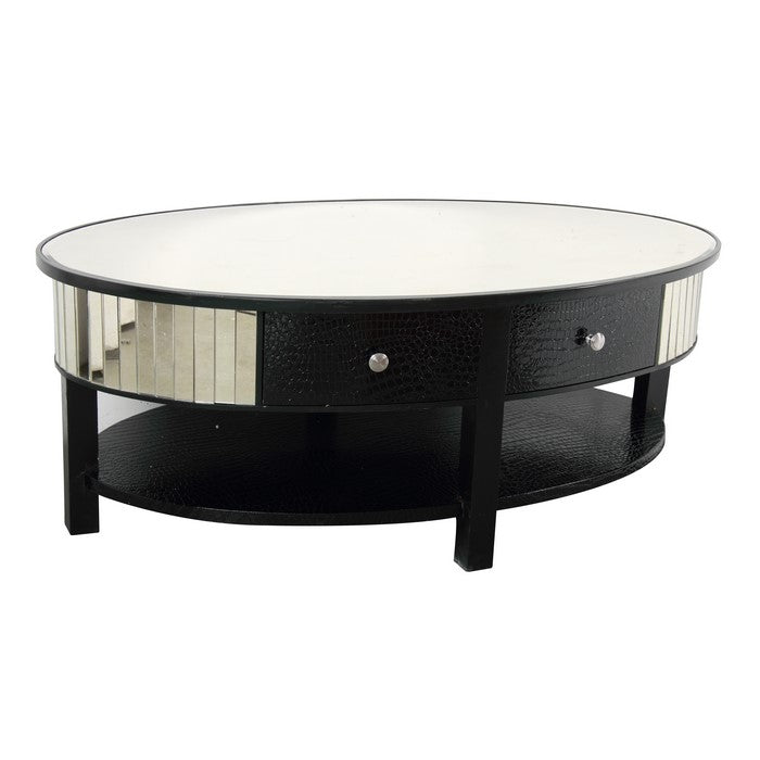 Wood and Glass Coffee Table with 2 Drawers and Mirror Inset, Black