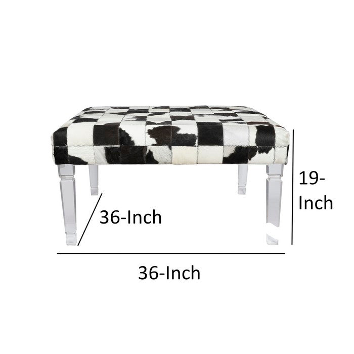 Cow Hide Upholstered Bench with Acrylic Legs, White and Black