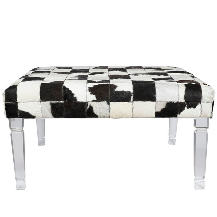 Cow Hide Upholstered Bench with Acrylic Legs, White and Black