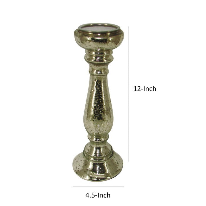 Glass Pillar Candle Holder with Distressed Details, Silver