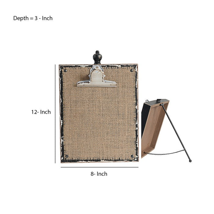 Wood and Metal Rectangular Clipboard with Burlap Backing, Brown