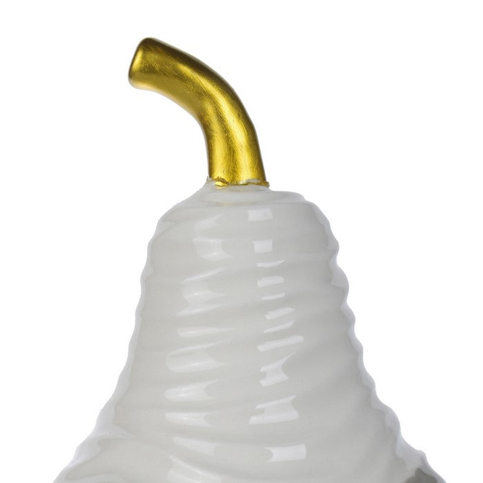 CeramicDecorative Pear with Golden Stem, White and Gray