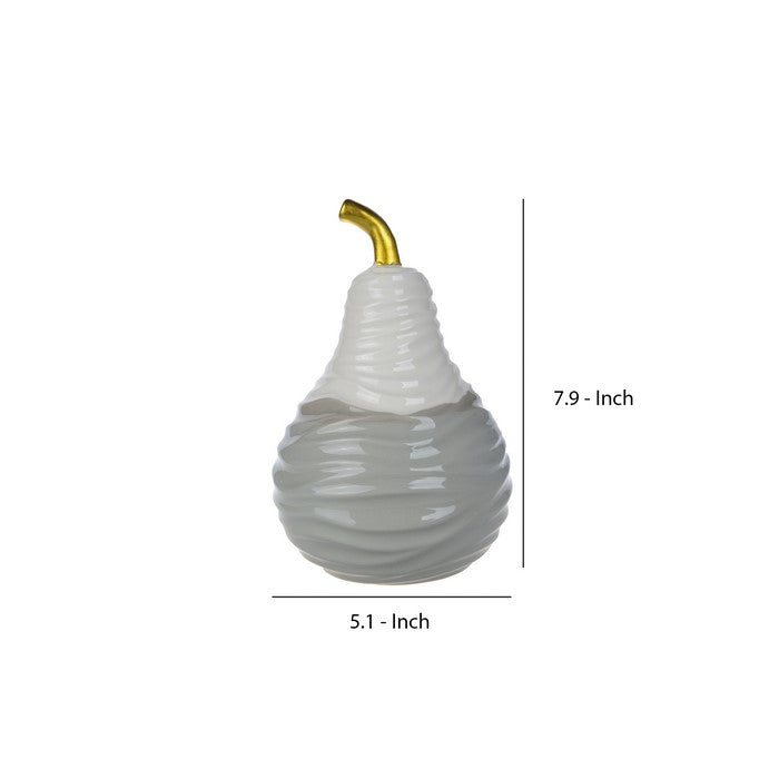 CeramicDecorative Pear with Golden Stem, White and Gray