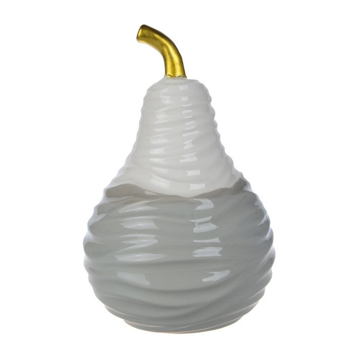 CeramicDecorative Pear with Golden Stem, White and Gray