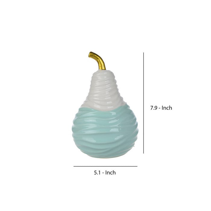 CeramicDecorative Pear with Golden Stem, White and Blue