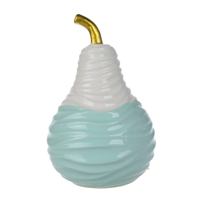 CeramicDecorative Pear with Golden Stem, White and Blue