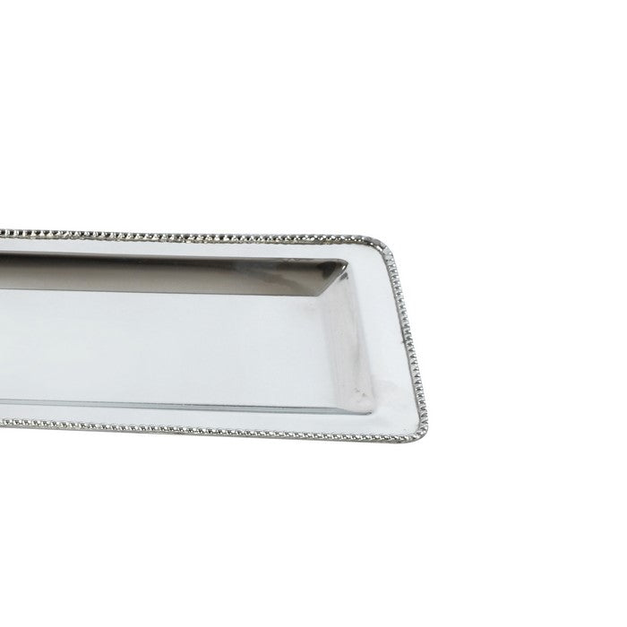 RectangularDecorative Serving Tray with Beaded Trim Design, Silver