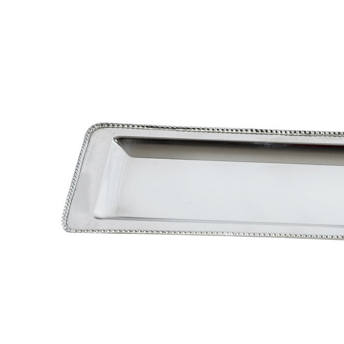 RectangularDecorative Serving Tray with Beaded Trim Design, Silver