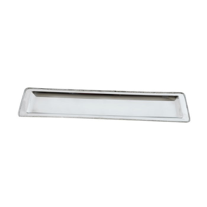 RectangularDecorative Serving Tray with Beaded Trim Design, Silver