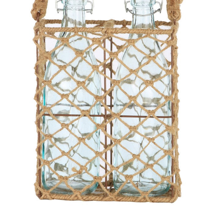 3 Piece Jute Woven Metal Basket with Glass Bottles, Brown