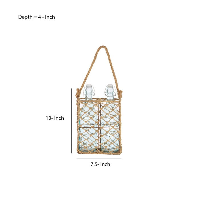 3 Piece Jute Woven Metal Basket with Glass Bottles, Brown