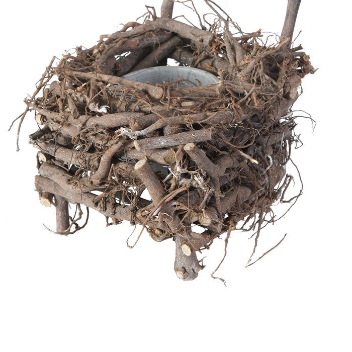 Nature Inspired Wooden Nest Planter with Clay Pot, Gray and Brown