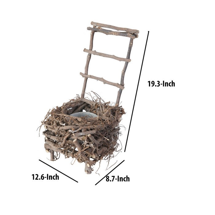Nature Inspired Wooden Nest Planter with Clay Pot, Gray and Brown