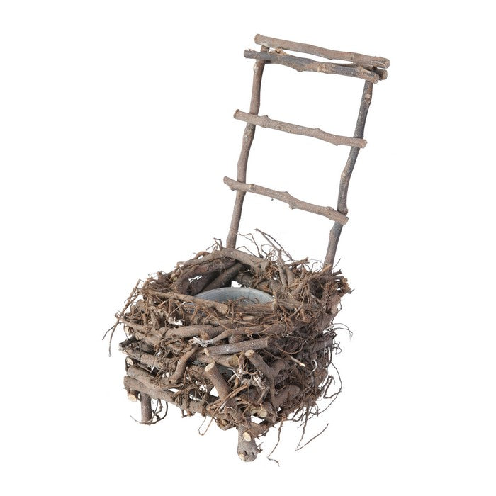 Nature Inspired Wooden Nest Planter with Clay Pot, Gray and Brown