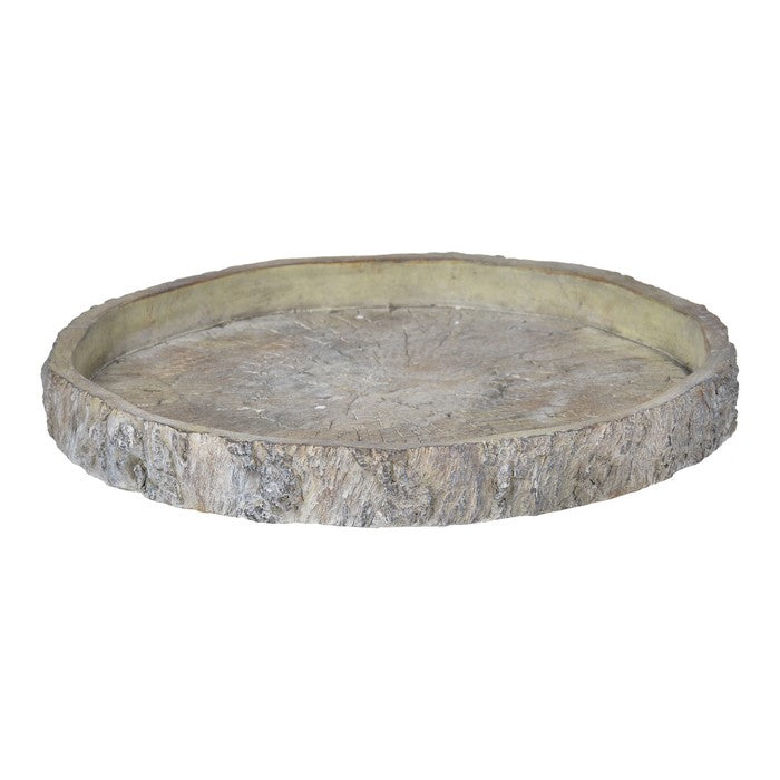 Distressed Round Shape Cemented Log Plate, Gray