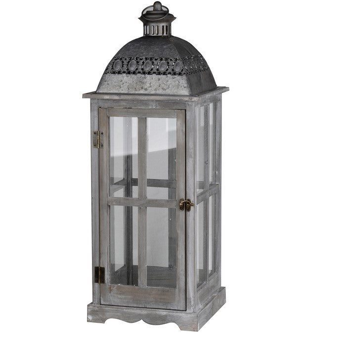 Wood and Metal Lanterns with Glass Window Pane Design, Gray, Set of 2