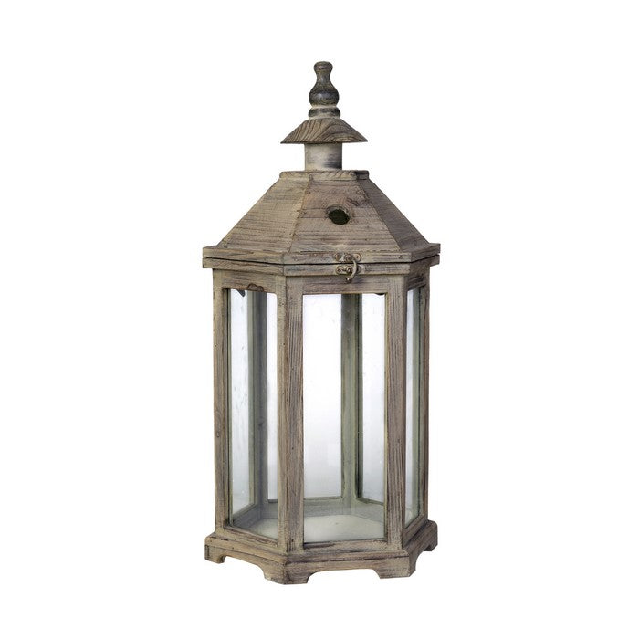 Temple Design Wooden Lantern with Glass Panels, Brown, Set of 2