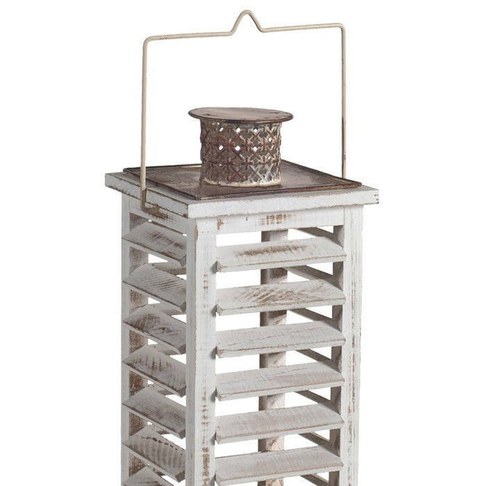 Wood and Metal Lanterns with Louvered Design, White, Set of 2