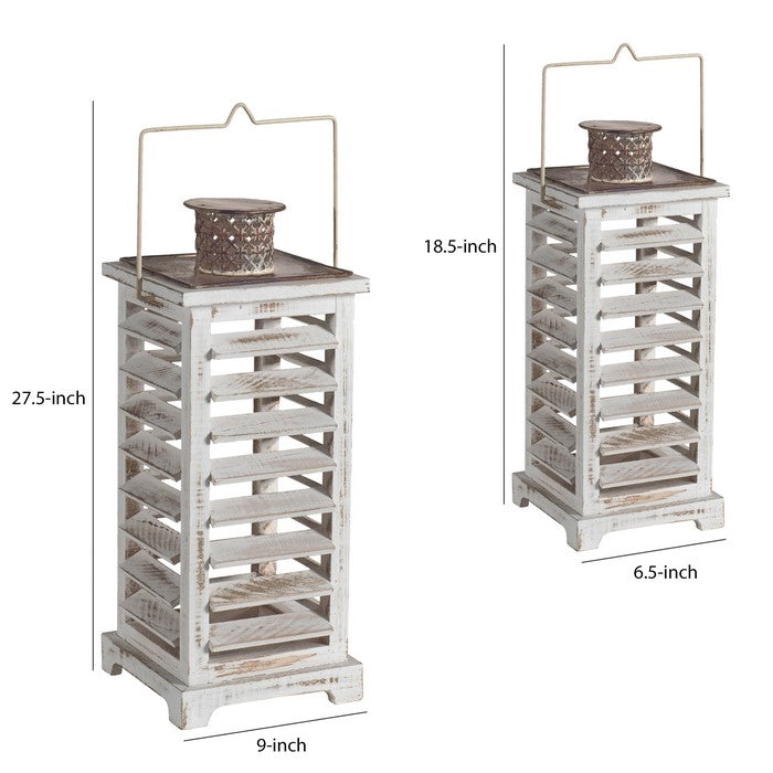 Wood and Metal Lanterns with Louvered Design, White, Set of 2