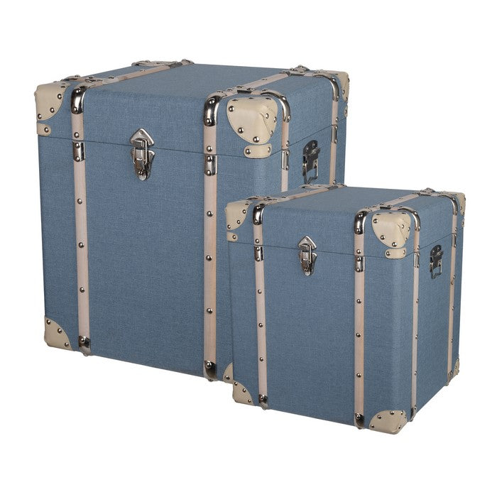 Wooden Storage Cubes with Fabric Upholstery, Set of 2, Blue