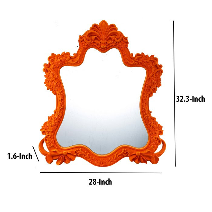 Intricately Carved Polyresin Wall Mirror in Traditional Design, Orange