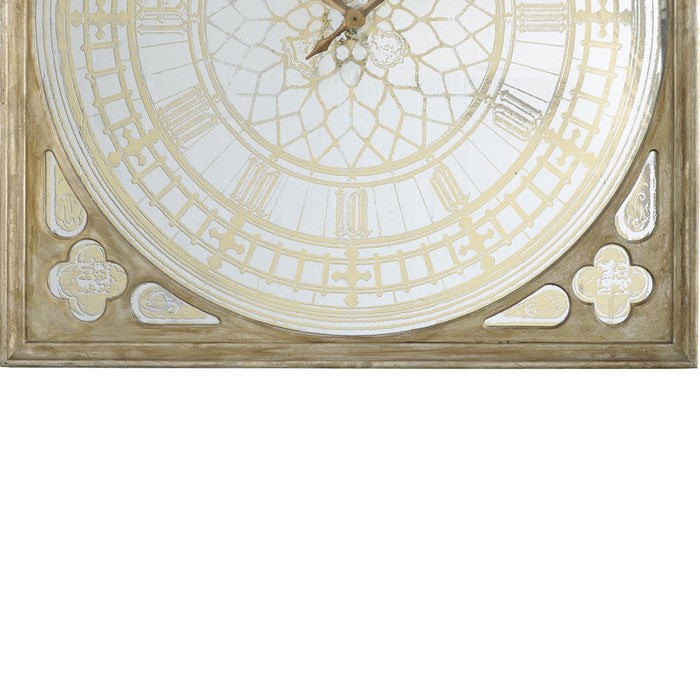Square Oversized Wooden Wall Clock with Glass Inlay, Gold and Clear