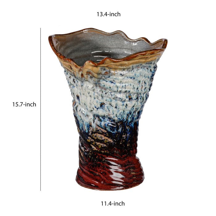 Ceramic Vase with Twisted Body and Irregular Opening, Multicolor