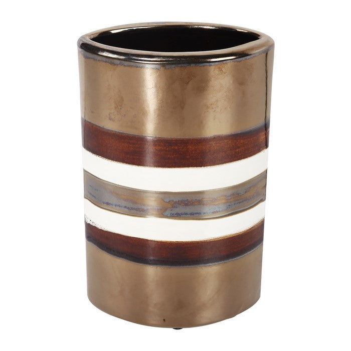 Cylindrical Shape CeramicDecorative Vase with Bands, Multicolor