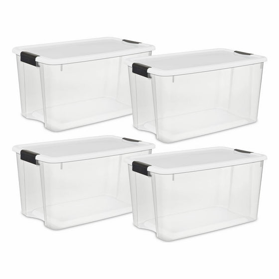 STERILITE 19889804 70 Quart/66 Liter Ultra Latch Box, Clear with a White Lid and Black Latches, 4-Pack