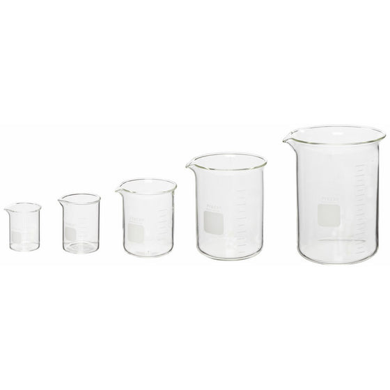 Corning Pyrex 5 Piece Glass Graduated Low Form Griffin Beaker Assortment Pack, with Double Scale
