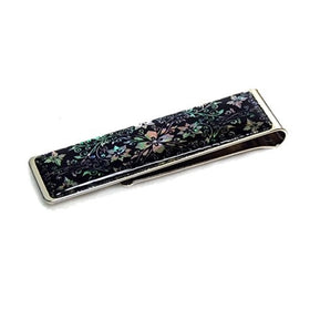 Antique Alive Mother of Pearl Arabesque Design Slim Stainless Steel Mens Metal Black Money Clip Holder (L104)