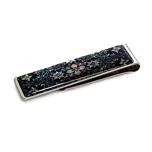 Antique Alive Mother of Pearl Arabesque Design Slim Stainless Steel Mens Metal Black Money Clip Holder (L104)