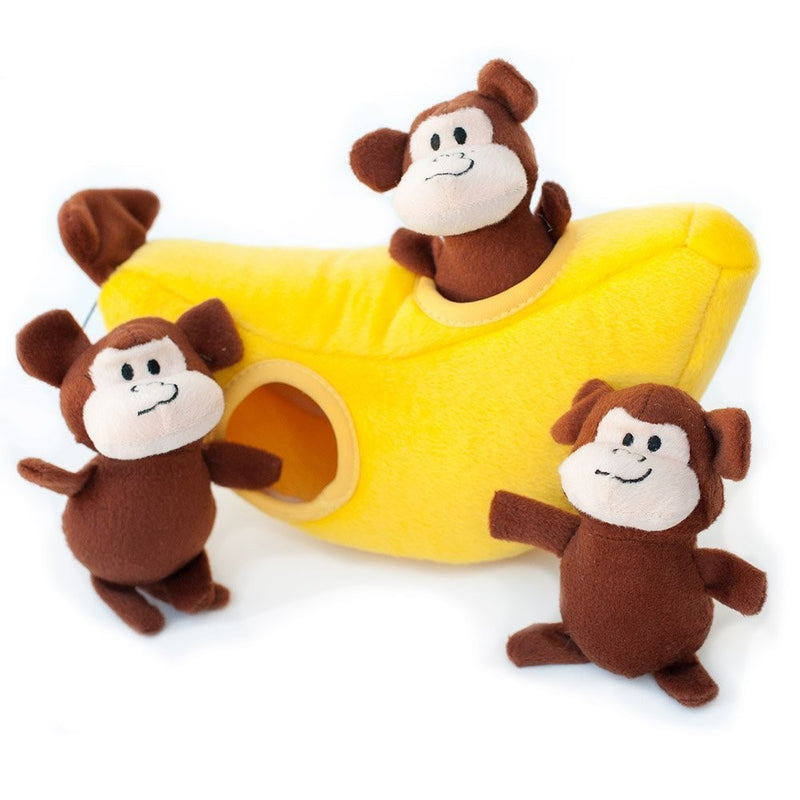 ZippyPaws Zoo Friends Burrow, Interactive Squeaky Hide and Seek Plush Dog Toy - Monkey 'n Banana