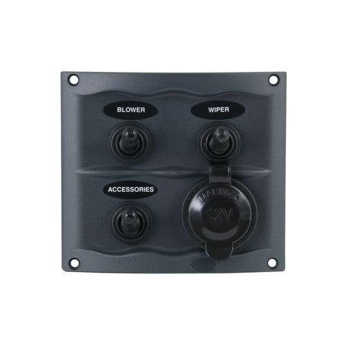 BEP 900-3WPS Splash Proof Switch Panel, 3 Gang W/12V Power Socket