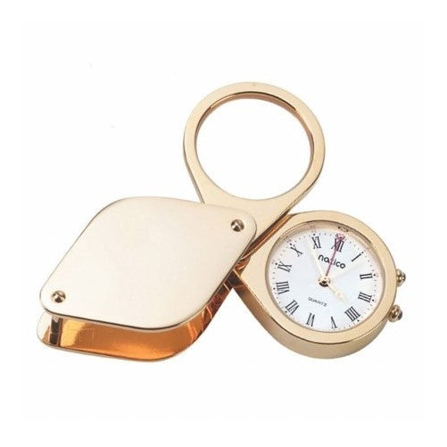 Natico Solid Brass and Gold PlatedTravel aalrm Clock with Magnifier and Genuine Leather Case (10-875)