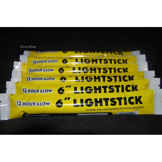 Set of 6 Yellow Jumbo 6 Inch 12 Hour Safety Glow Light Sticks