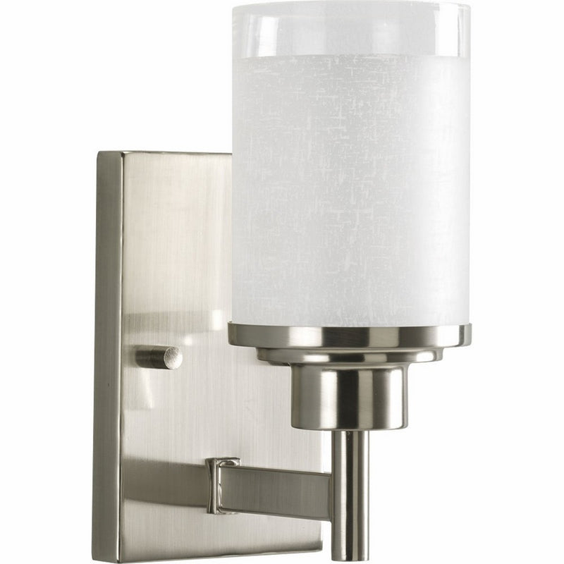 Progress Lighting P2959-09 1-Light Wall Bracket with White Linen Finished Glass and Clear Edge Accent Strip, Brushed Nickel