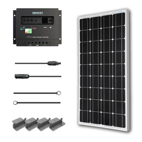 Renogy 100 Watts 12 Volts Monocrystalline Solar Starter Kit w/100W Solar Panel  30A PWM Negative ground Charge Controller  MC4 Connectors Tray Cable Mounting Z Brackets for RV, Boat