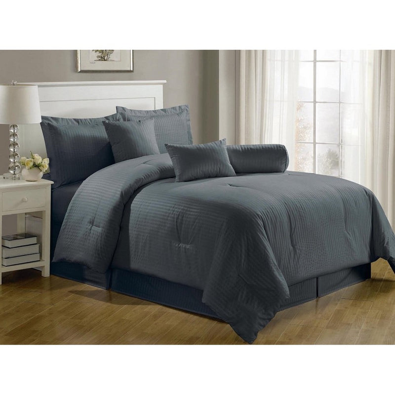 Chezmoi Collection 7-Piece Hotel Dobby Stripe Comforter Set, Queen, Gray