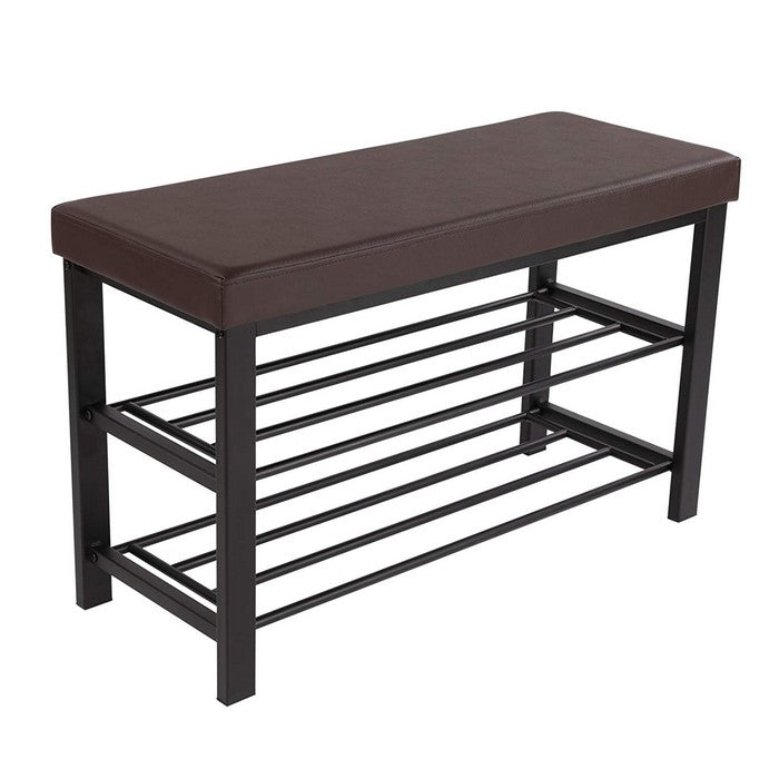 Metal 3 Tier Shoe Rack with 2 Grid Design Bottom Shelves, Brown and Black
