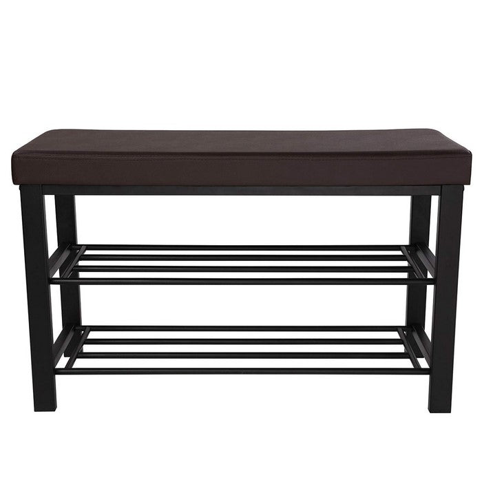Metal 3 Tier Shoe Rack with 2 Grid Design Bottom Shelves, Brown and Black