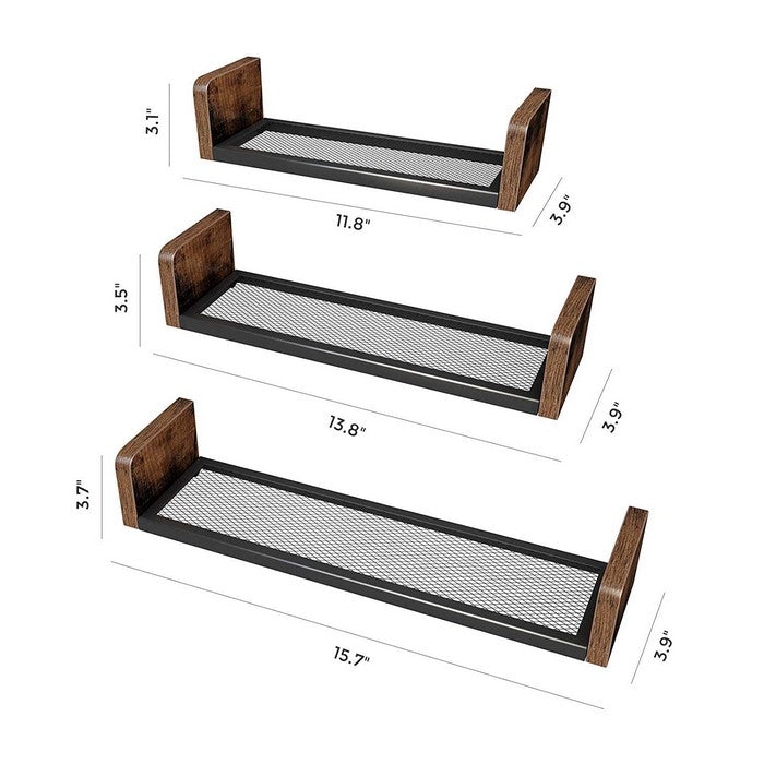 Wooden Floating Shelf with Metal Mesh Design, Set of 3,Brown and Black