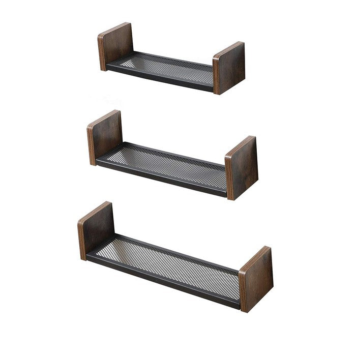 Wooden Floating Shelf with Metal Mesh Design, Set of 3,Brown and Black