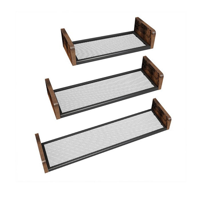 U Shape Wooden Floating Shelf with Metal Mesh,Set of 3,Brown and Black