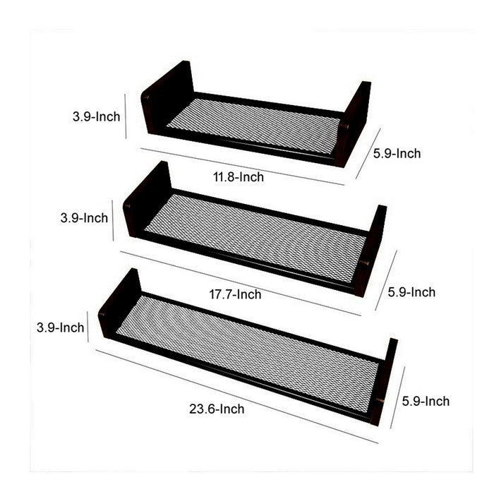 U Shape Wooden Floating Shelf with Metal Mesh,Set of 3,Brown and Black