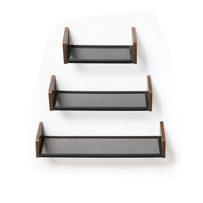 U Shape Wooden Floating Shelf with Metal Mesh,Set of 3,Brown and Black