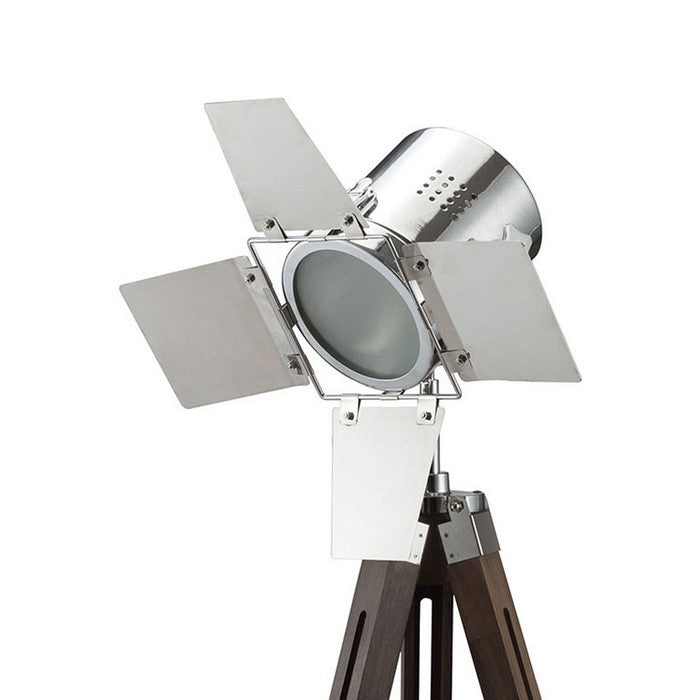Spotlight Metal Floor Lamp with Wooden Tripod Base, Brown and Silver