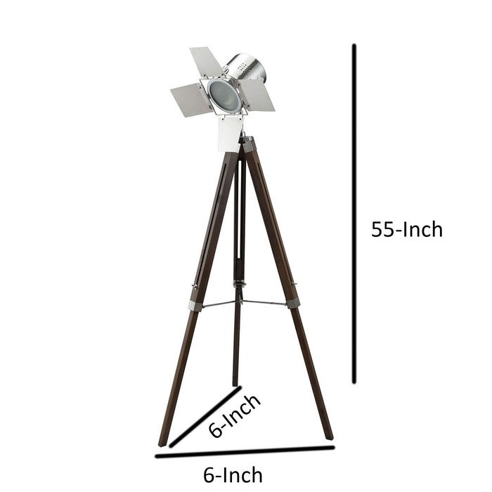 Spotlight Metal Floor Lamp with Wooden Tripod Base, Brown and Silver